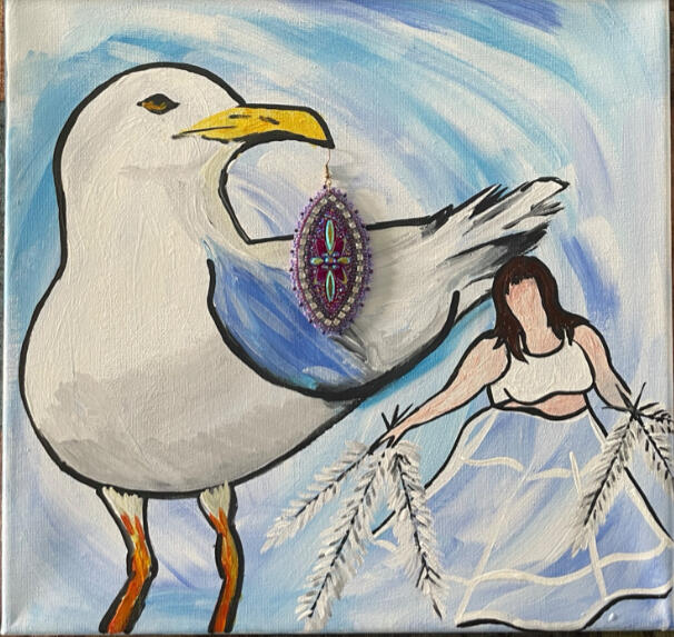 Grandfather Gull Medium: Acrylic and Beadwork on Canvas Dimensions: 12 in x 12 in. Date: 2025
