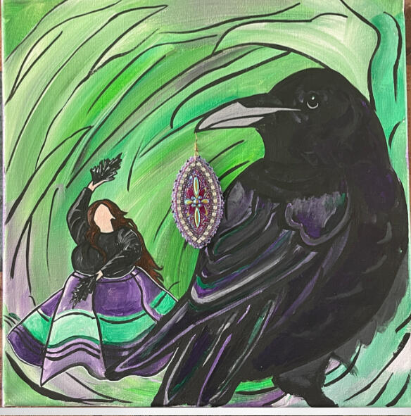 Grandmother Crow Medium: Acrylic and Beadwork on Canvas Dimensions: 12 in x 12 in. Date: 2025