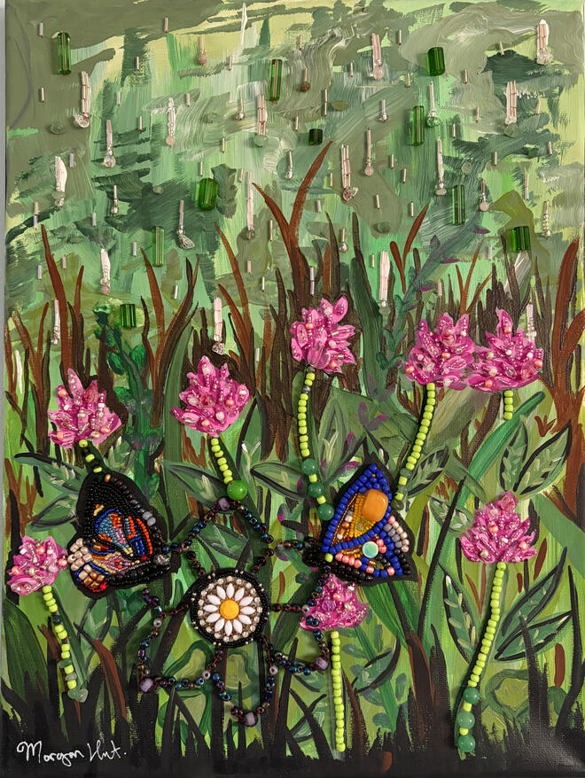 Whispered Blessings Medium: Acrylic and Beadwork on Canvas Dimensions: 12 in x 16 in. Date: 2026 Whispered Blessings Medium: Acrylic and Beadwork on Canvas Dimensions: 12 in x 16 in. Date: 2026