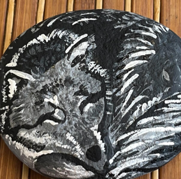 Wolf - Humility Medium: Acrylic on Rock Dimensions: 3.5 in x 3.5 in Date: 2024
