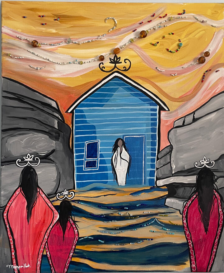 Cousin Dimensions: 20 in x 24 in Medium: Acrylic and Beadwork on canvas Date: 2025 Cousin Dimensions: 20 in x 24 in Medium: Acrylic and Beadwork on canvas Date: 2025